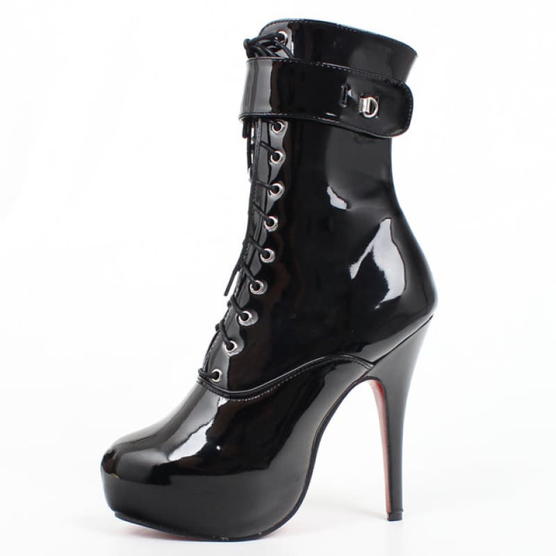 Women's High Heel Platform Lace-up Patent Leather Short Boots In Pink, Black Or White - Pleasures and Sins