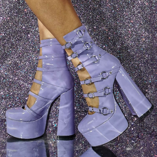 Women's High Heel Purple Patent Leather Chunky Platform Heel Ankle Boots - Pleasures and Sins