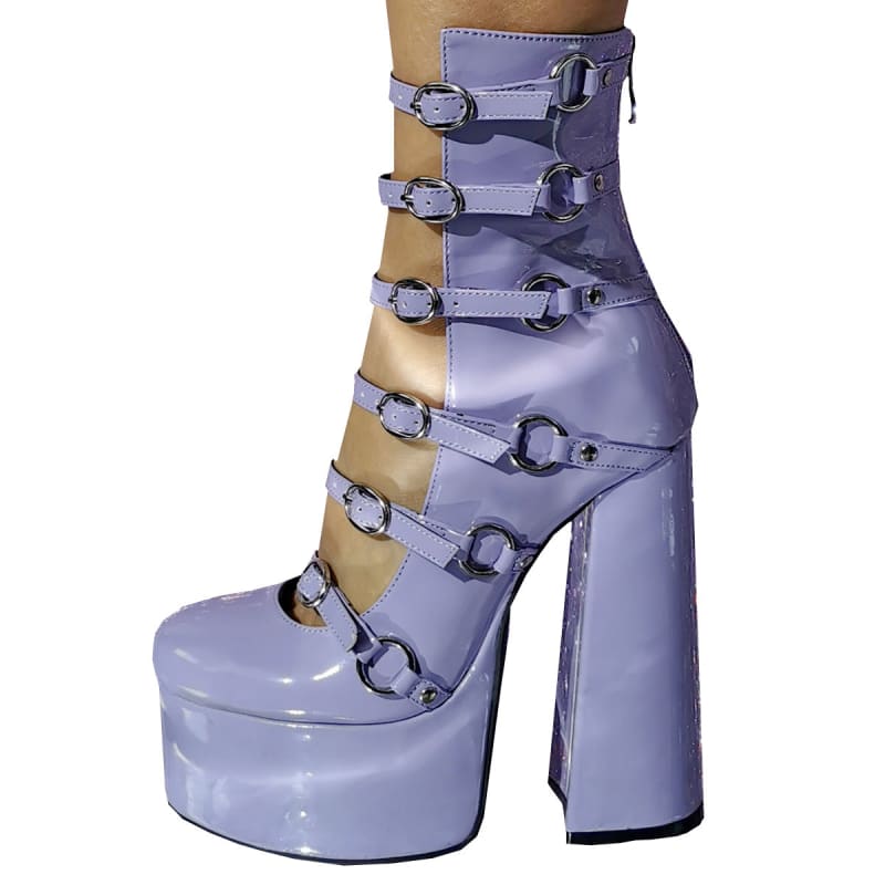 Women's High Heel Purple Patent Leather Chunky Platform Heel Ankle Boots - Pleasures and Sins