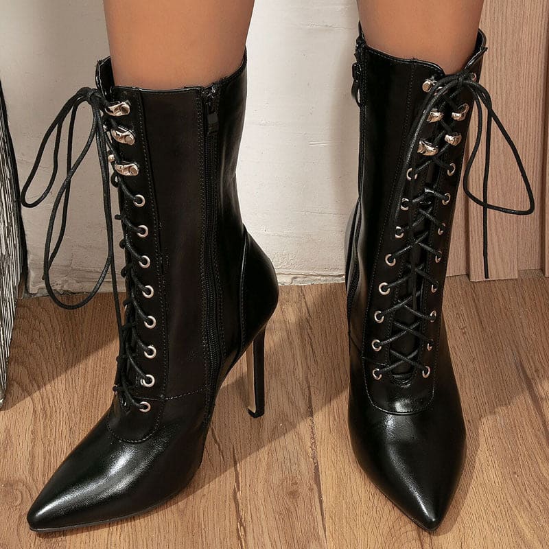 Women's Lace-up Pointed High Heels With Front Straps - Pleasures and Sins