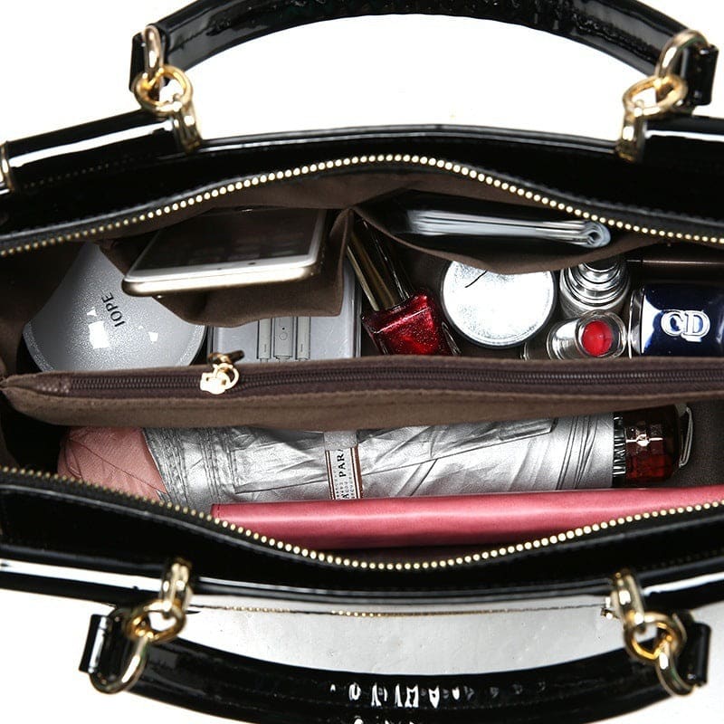 Womens Patent Leather Large Handbag With Floral Detail - Pleasures and Sins   Pleasures and Sins