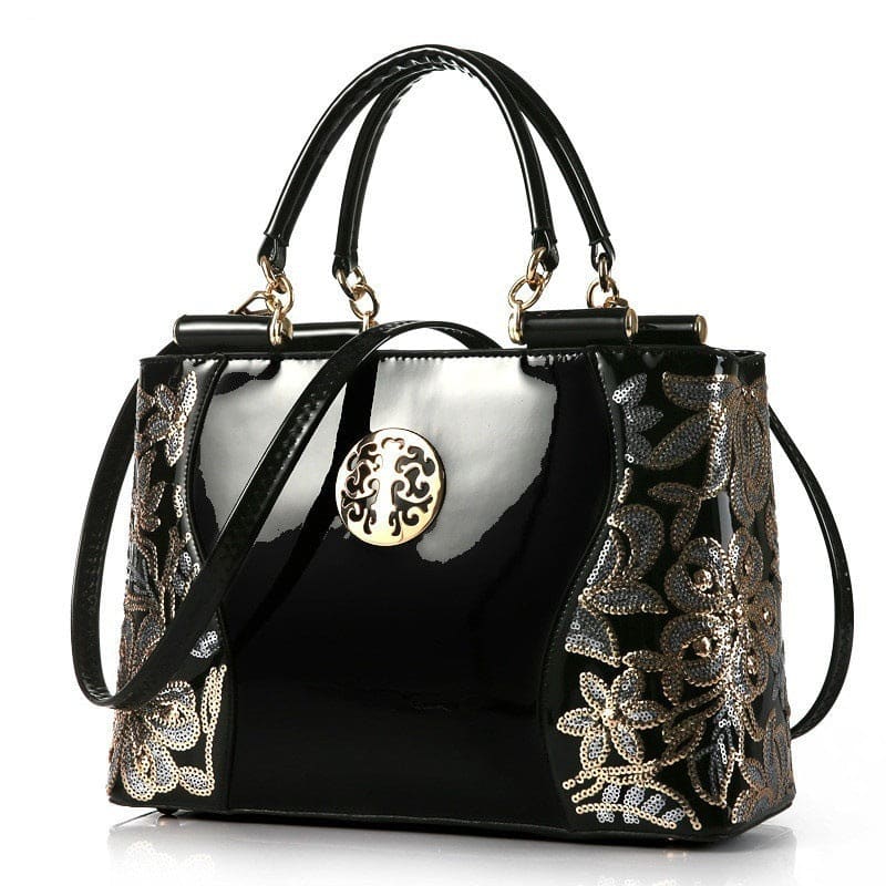 Womens Patent Leather Large Handbag With Floral Detail - Pleasures and Sins   Pleasures and Sins