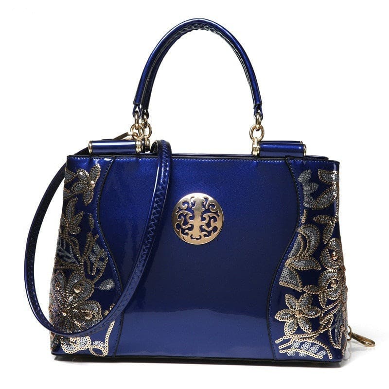 Womens Patent Leather Large Handbag With Floral Detail - Pleasures and Sins   Pleasures and Sins