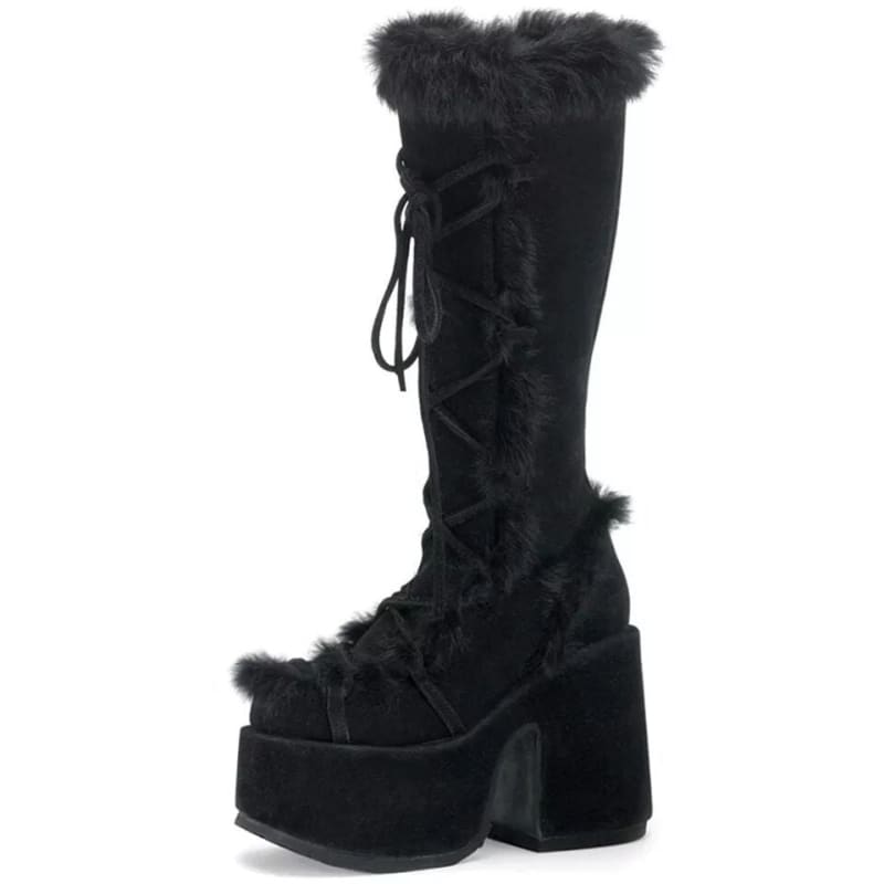 Women's Winter Faux Suede And Fur Lace Up Platform High Platform Heel Boots - Pleasures and Sins