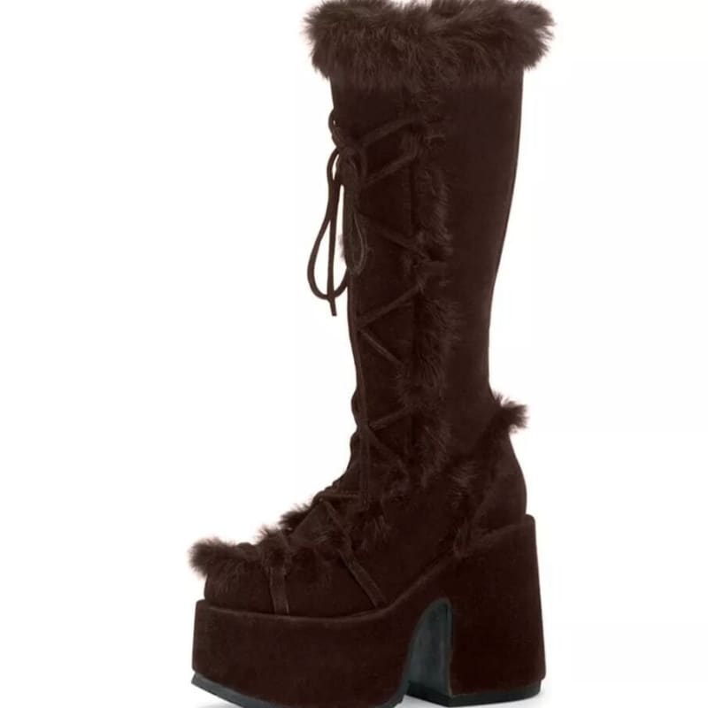 Women's Winter Faux Suede And Fur Lace Up Platform High Platform Heel Boots - Pleasures and Sins