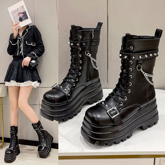 Women’s Punk Style Thick Sole Mid Length Boots With Studs
