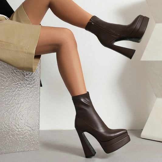 Women's Short Boots With Pointed Toe And Thick Heel With Side Zipper - Pleasures and Sins