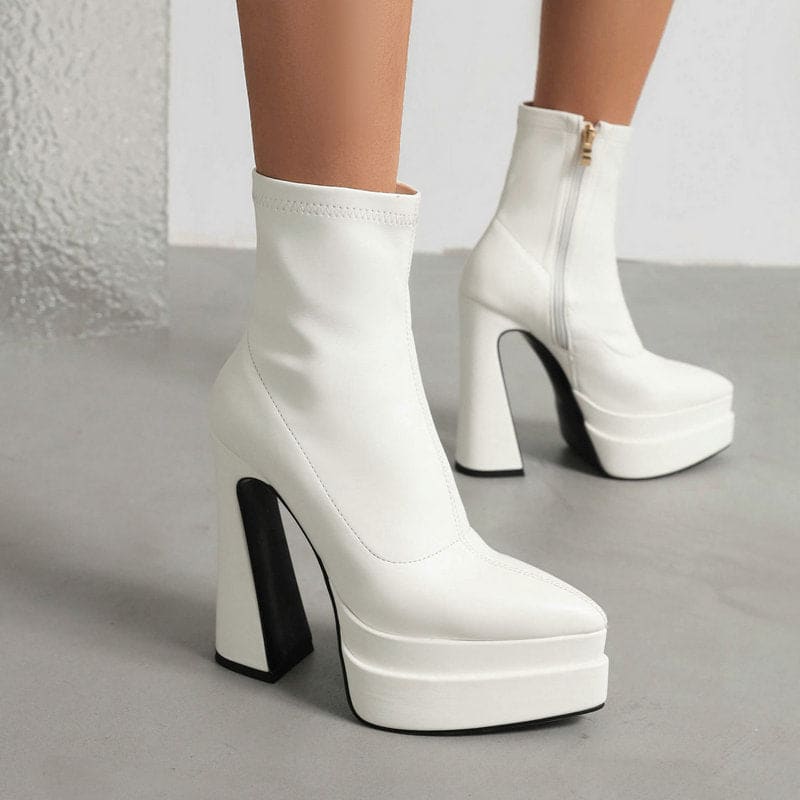 Women's Short Boots With Pointed Toe And Thick Heel With Side Zipper - Pleasures and Sins