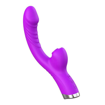 Purple silicone personal massager with curved shape and metallic base.