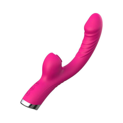 Bright pink silicone personal massager with curved shape and metallic base.