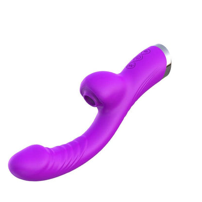 Purple silicone sex toy with curved shape and textured surface.