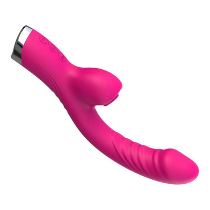 Bright pink silicone personal massager with curved shape and textured surface.