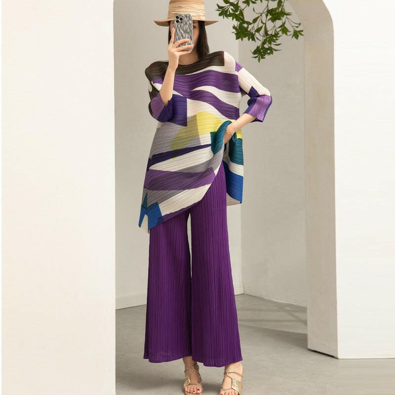 Womens Autumn Two-Piece Set with Printed Wide Leg Pants