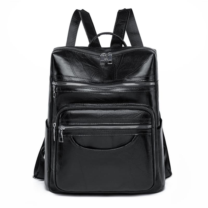 Black leather backpack with multiple zippered compartments and pockets.