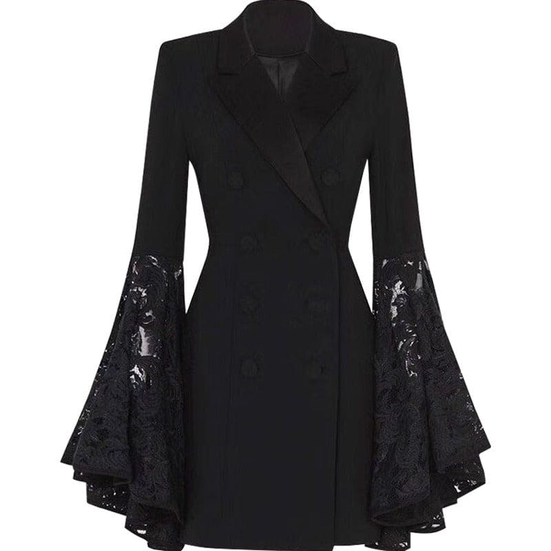 Black Fashionable Suit Jacket with Lace Bat Wing Sleeves