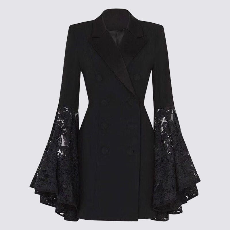 Black Fashionable Suit Jacket with Lace Bat Wing Sleeves