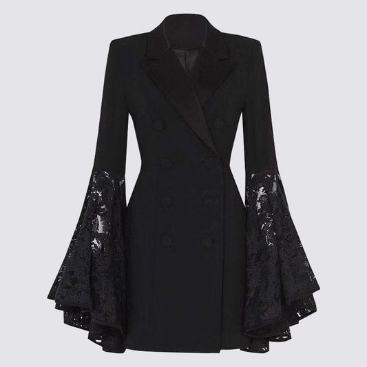 Black Fashionable Suit Jacket with Lace Bat Wing Sleeves