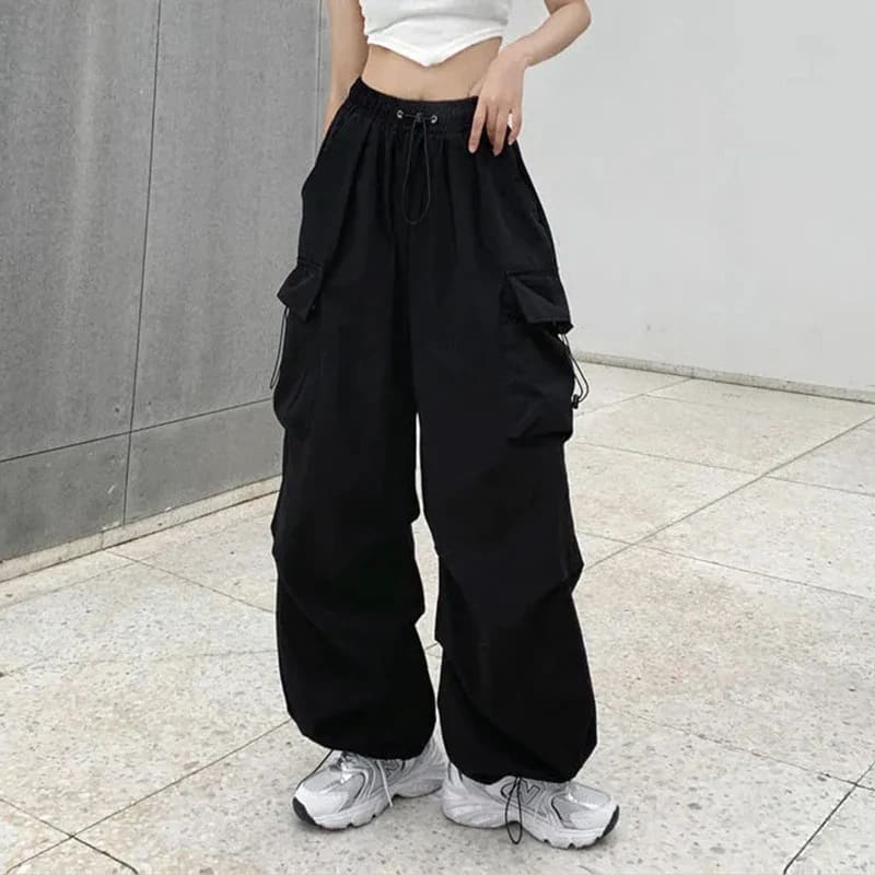 Womens Black Wide Leg Cargo Pants High Waist Style black / S