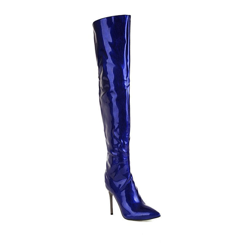 Shiny blue thigh-high stiletto boot with a pointed toe.