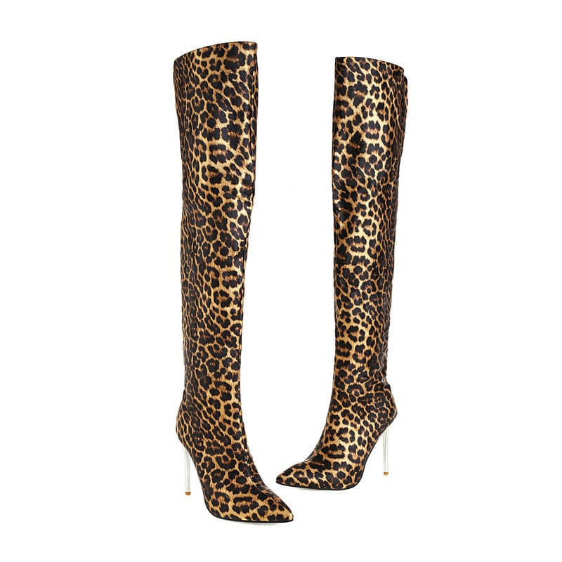 Pair of leopard-print thigh-high stiletto boots.