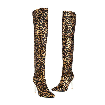 Pair of leopard-print thigh-high stiletto boots.