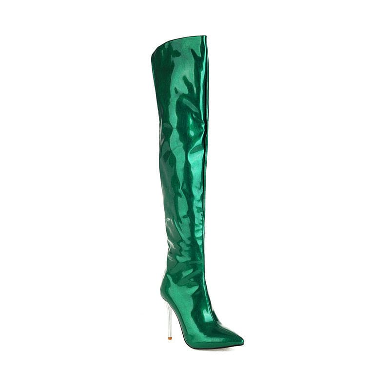 Shiny green thigh-high boot with a stiletto heel.