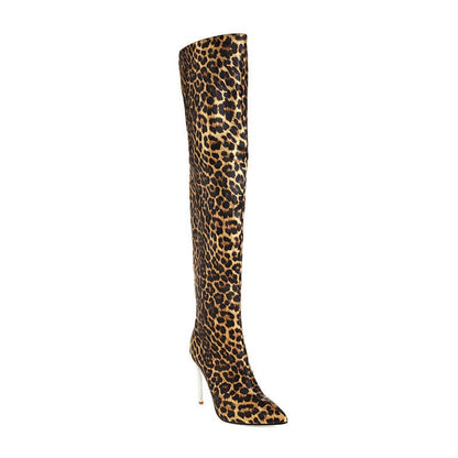 Leopard-print thigh-high boot with a stiletto heel.