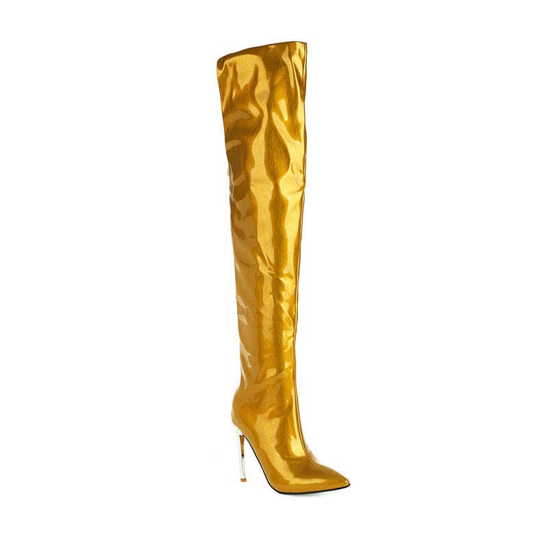 Gold metallic thigh-high boot with a stiletto heel.