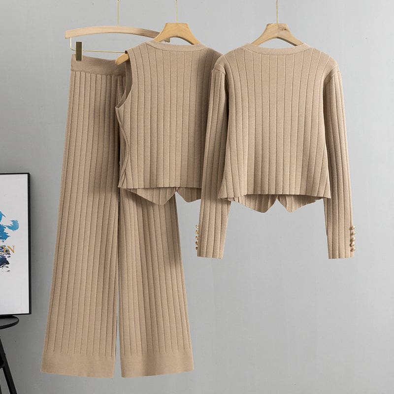 Womens Chanel Style Wide Leg Three-piece Knitted Set