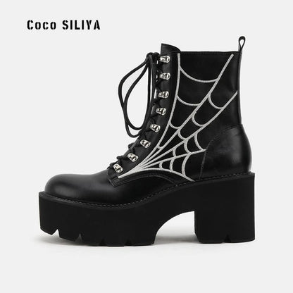 Womens Cobweb Halloween Boots With Thick Sole Black / 36