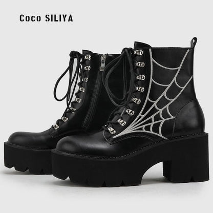 Womens Cobweb Halloween Boots With Thick Sole