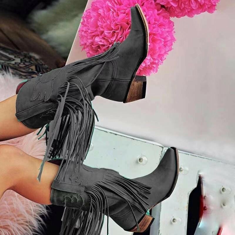 Womens Cowboy Boots Tassel Mid Thick Heel Style black / 34