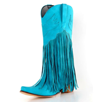 Womens Cowboy Boots Tassel Mid Thick Heel Style blue / 34