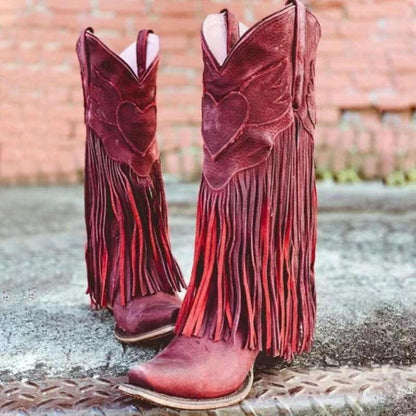 Womens Cowboy Boots Tassel Mid Thick Heel Style red / 34