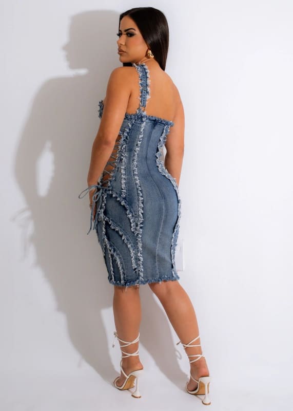 Womens Denim Dress Adjustable Shoulder Strap Midi Style