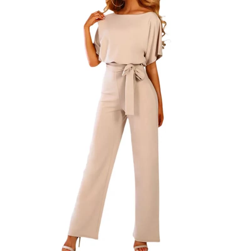 Elegant Short Sleeve Waist Tie Solid Jumpsuit Beige / S