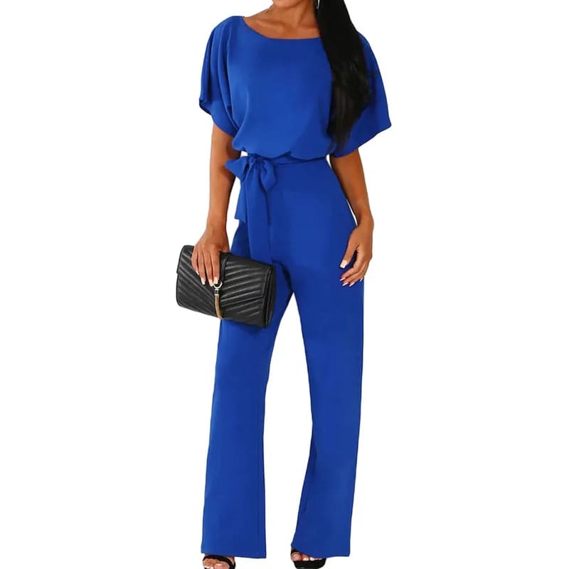 Elegant Short Sleeve Waist Tie Solid Jumpsuit Blue / S