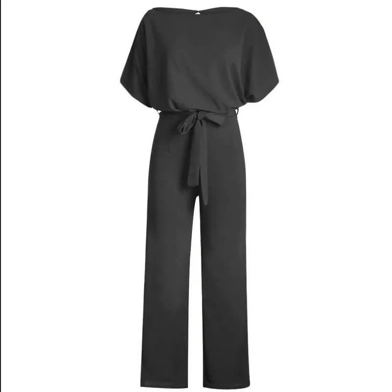 Elegant Short Sleeve Waist Tie Solid Jumpsuit