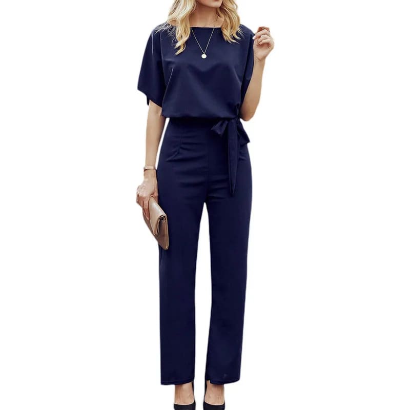 Elegant Short Sleeve Waist Tie Solid Jumpsuit