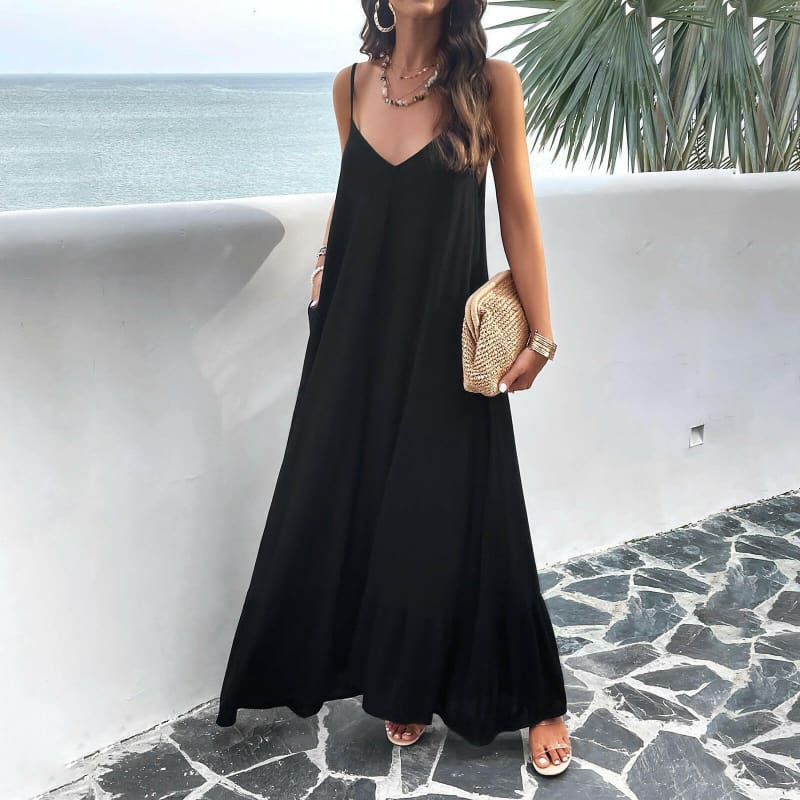 Womens Elegant Spring Solid Color Maxi Dress Black / S