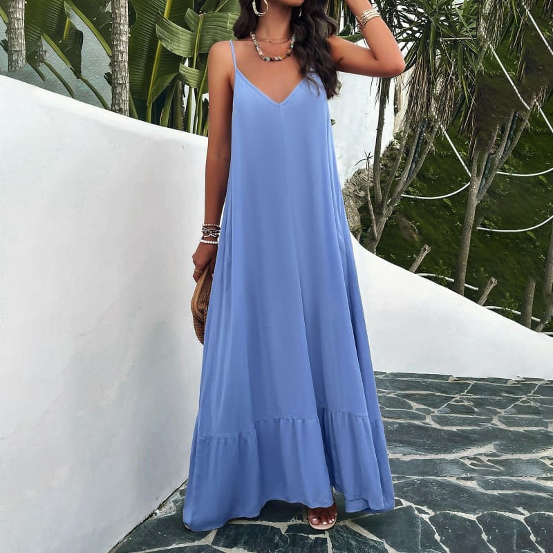 Womens Elegant Spring Solid Color Maxi Dress Blue / S