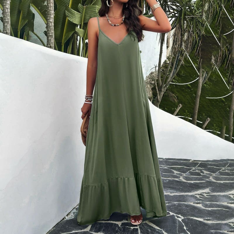 Womens Elegant Spring Solid Color Maxi Dress Green / S