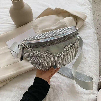 Womens Fanny Pack Rhinestone Luxury Bum Bag silvery