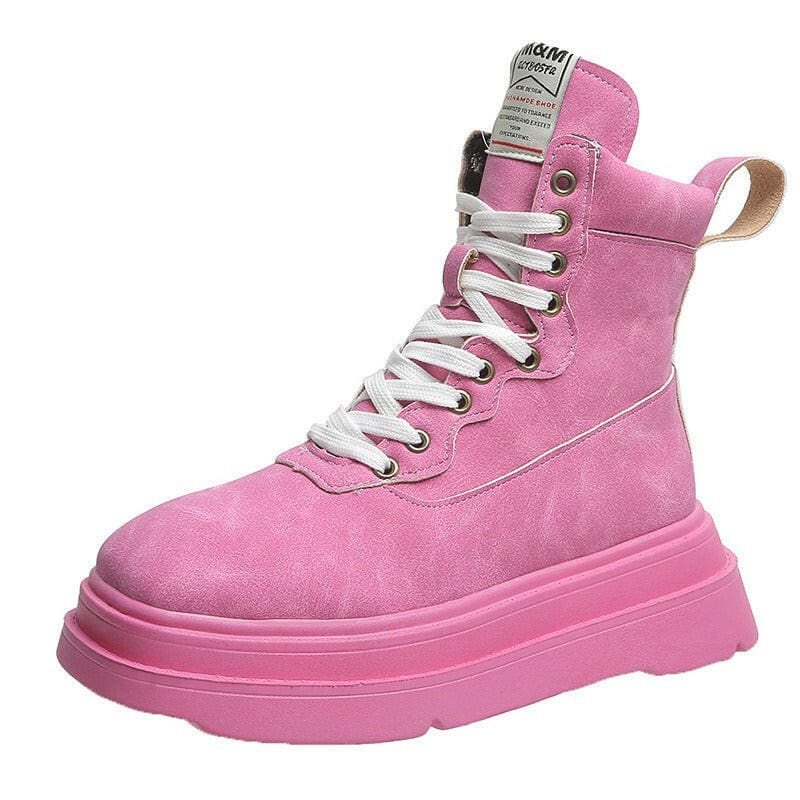 Womens Retro Boots Thick Soled Motorcycle Boots Pink / 35