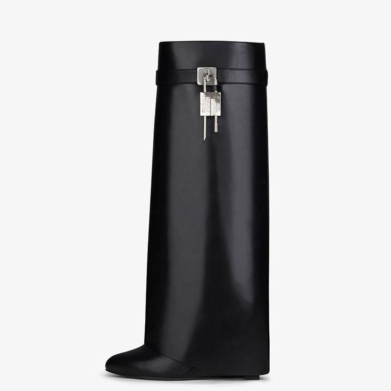 Fashion Shark Lock Knee High Folded Leather Wedge black / 34