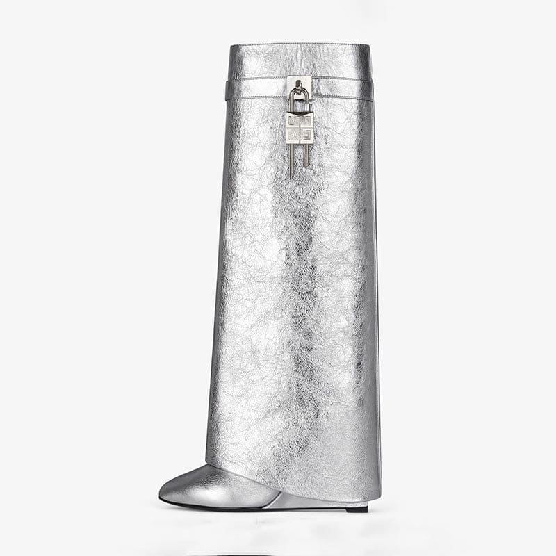 Fashion Shark Lock Knee High Folded Leather Wedge silver