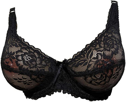 Black lace bra with floral pattern and underwire support.