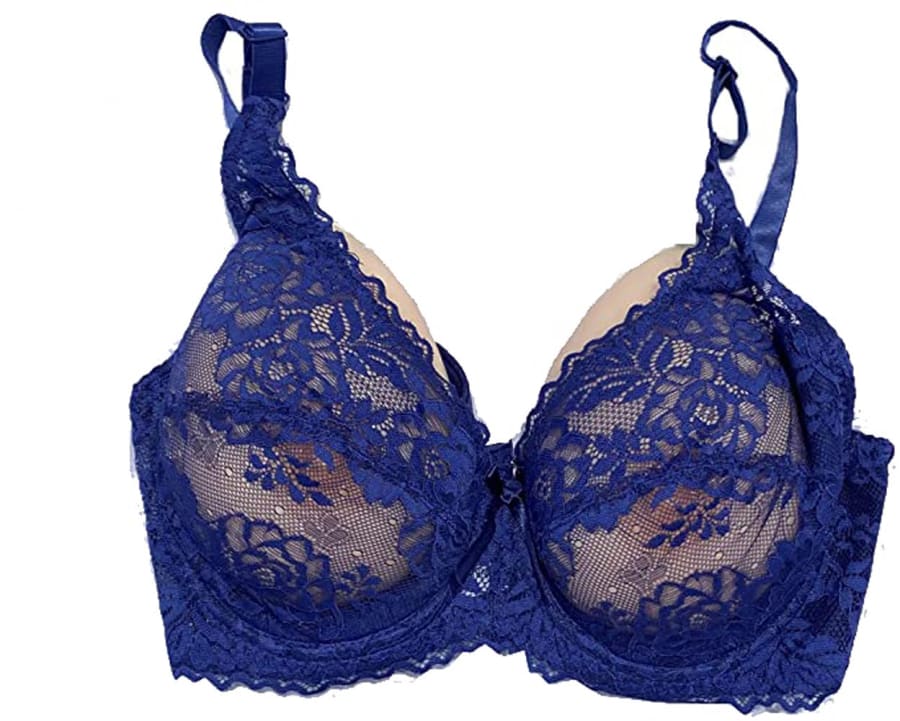 Blue lace bra with floral pattern and underwire support.