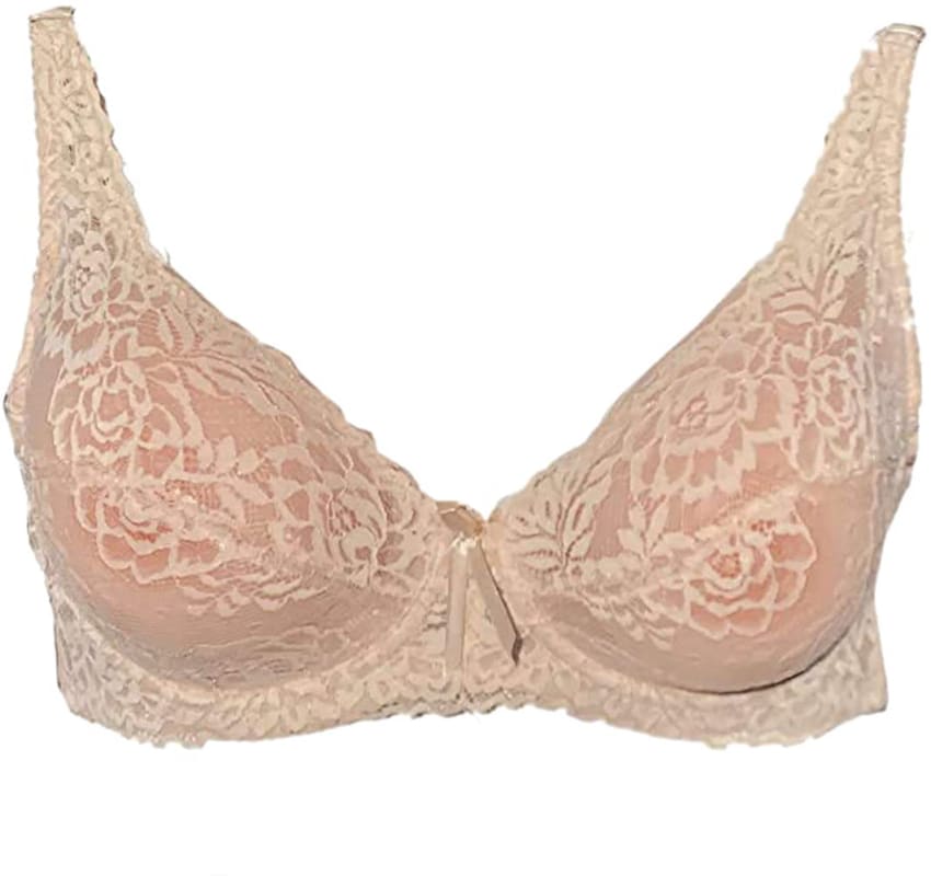 Beige lace bra with floral pattern and underwire support.