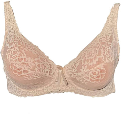 Beige lace bra with floral pattern and underwire support.